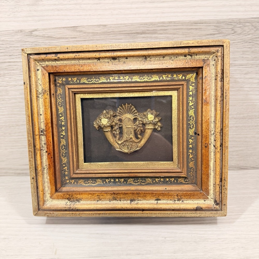 Victorian Eastlake Style Walnut Shadow Box Brass Lyre Hardware Mount Framed